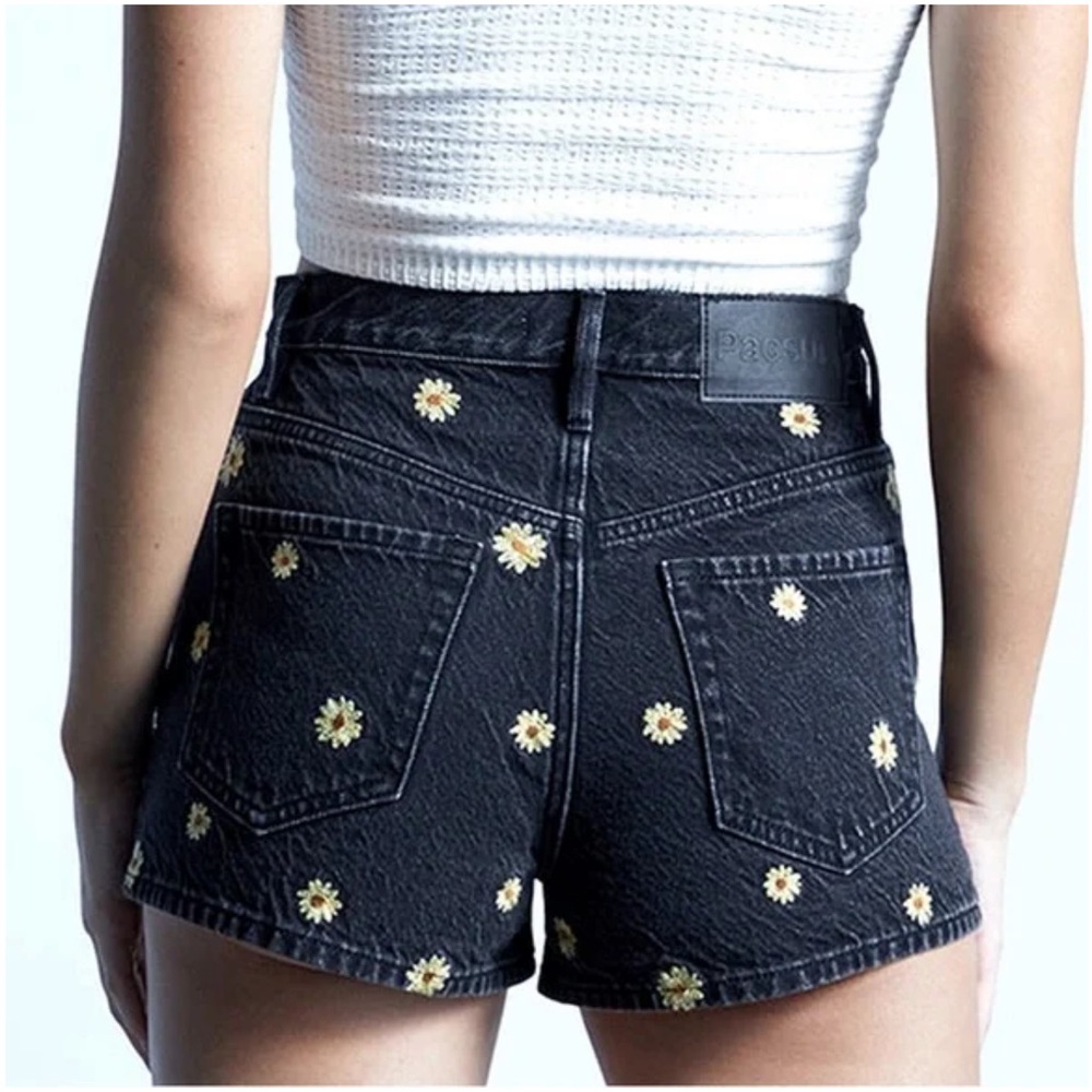 PACSUN Eco Black Flower Embroidered Vintage High Waisted Denim Shorts -
